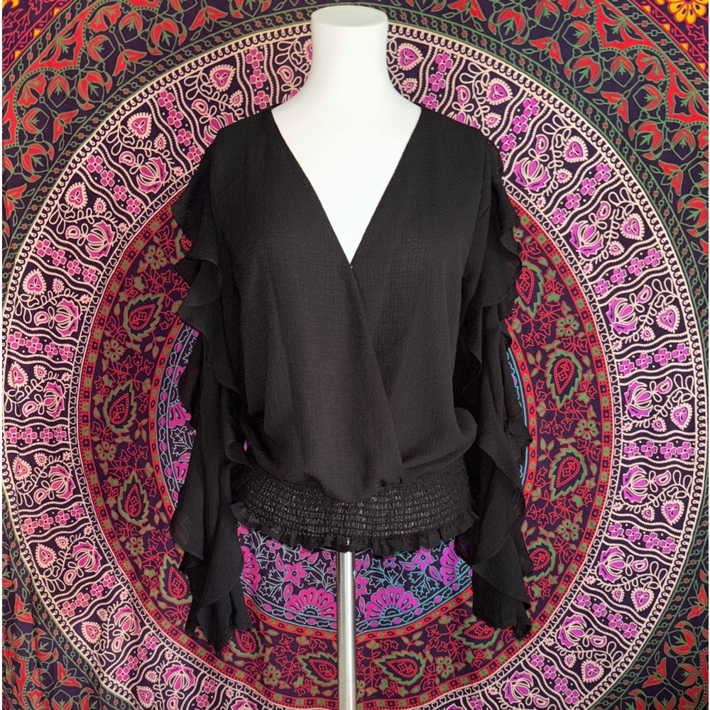 Favlux Black Flutter Long Sleeve V Neck Sheer Dress Top Women’s Size Small